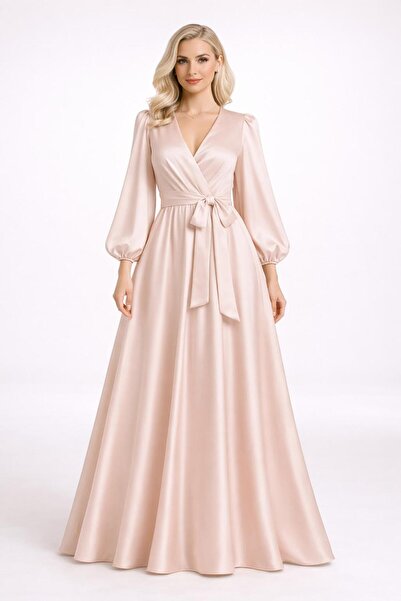 ALYEL NAKER بأزرار على الجهتين فستان ماكسي أنيق من الساتان بأكمام مغلقة وبالون