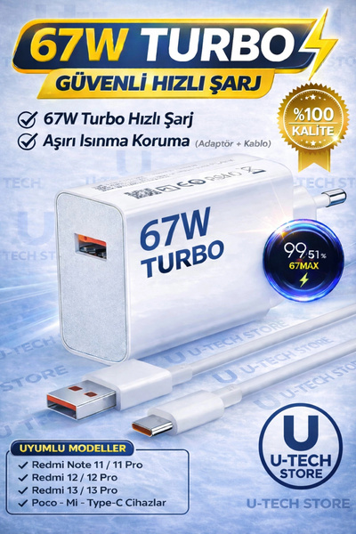 utechno 67W (WATT) Turbo Hızlı Şarj Adaptör+Kablo(Set) Xiaomi Redmi Note 11/1...