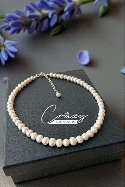 CRAZY TAKI TASARIM 7-8 mm Gerçek İnci Kolye (KÜLTÜR İNCİSİ) 925 Ayar Gümüş