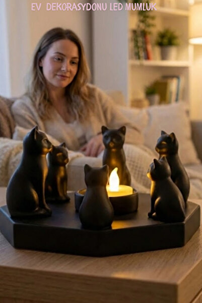 Oxyteez Kedi Figürlü Mumluk Plastik 6'lı Siyah Dekoratif Led Set