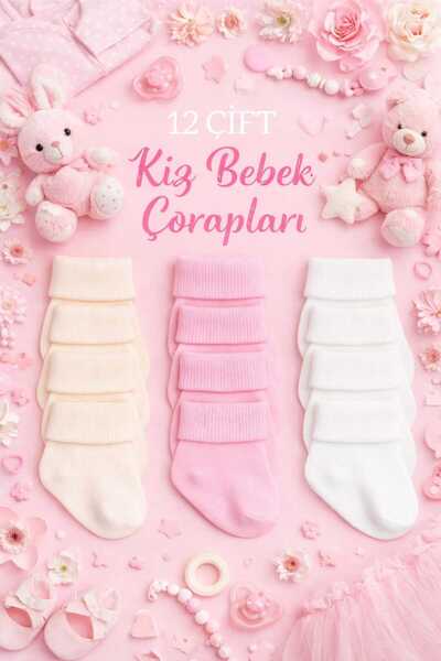 Akface Fabrikadan 12 Çift Pamuklu Yenidoğan Kız Bebek Çorabı 0-12 Ay