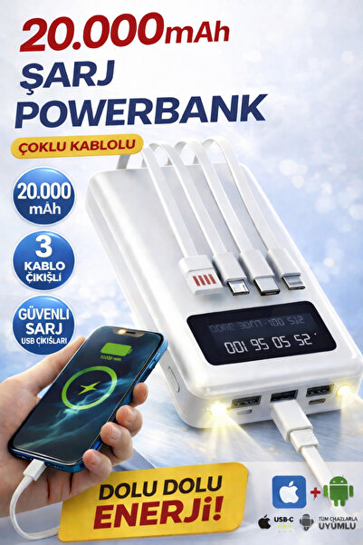 TEKNOAS İLETİŞİM 20.000 mAh Powerbank Çoklu Kablolu Dijital Göstergeli Güvenl...