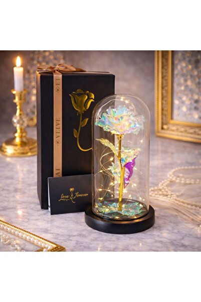 velve Trandafir artizanal in cupola, cu petale pe blat negru, LED, felicitare...