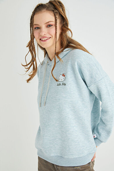 Hello Kitty Lisanslı Baskılı Kapüşonlu Fit Yeşil Sweatshirt