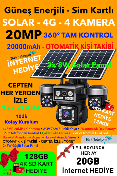IDS 20GB İnternet 128GB SD Kart Dahil 4 Lens 20MP UltraHD Sim Kartlı Güneş En...