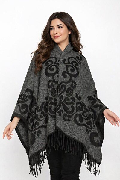 ALDAİR Kadın Kışlık Çift Taraflı Panço Omuz 140x140