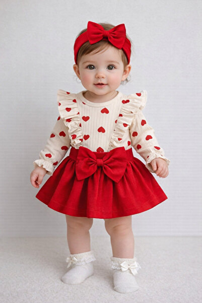 My Baby Kumsal طقم كايزن مكون من 3 قطع: فستان بتفاصيل فرو وشاح، وبنديل، وباند...