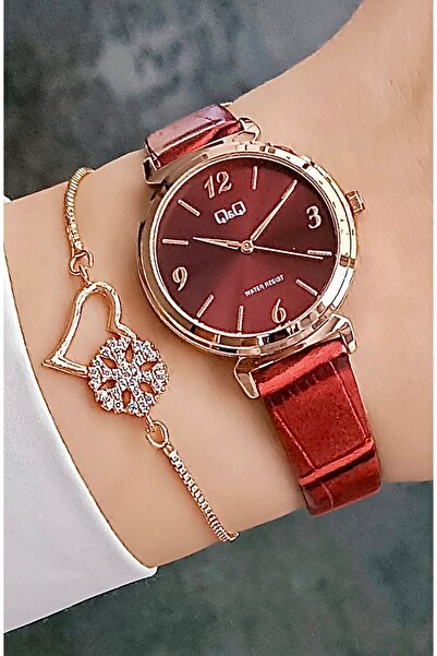 Q&Q Orjinal 2 Yıl Garantili Deri Kayışlı Rose Kasa Kadın Kol Saati Bileklik H...