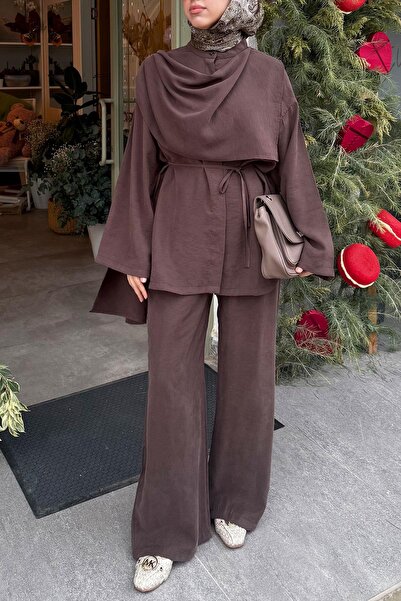 MELEK ARAZ Premıum Atkı Detaylı Kemerli Kadın İkili Takım - Kahverengi