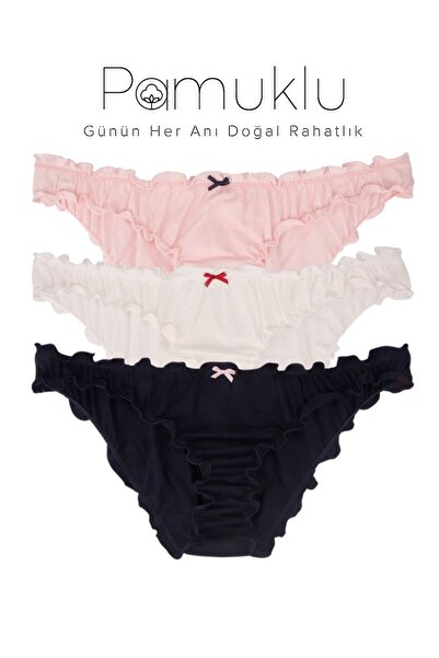 Dominant Kadın 3'lü Paket Pamuklu Fırfırlı Bikini Külot Seti - Lacivert Pembe...