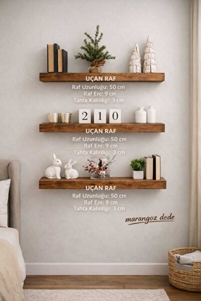 MarangozDede 3 Lü Ahşap Duvar Rafı Çiçeklik Raf Bibloluk Dekoratif Raf
