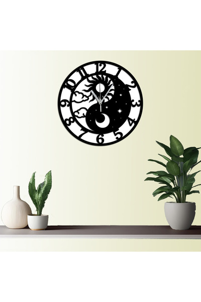 OEM Ceas de Perete Yin Yang – Lemn/MDF Negru, Diametru 30 cm, Decupaj Laser c...
