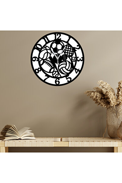 OEM Ceas de perete cu mingi – lemn negru/MDF, 30 cm, minge de fotbal, baschet...