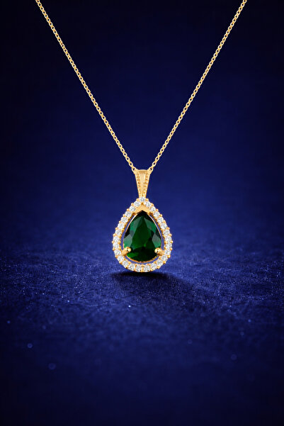 KAR DİAMOND 14 Ayar Altın Zincirli Zümrüt Yeşili Damla Taşlı Kadın Kolye Sert...