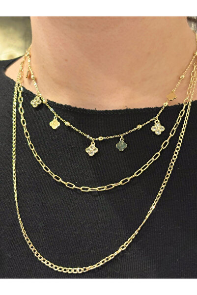 Veralys Atelier GOLD RENK 3’LÜ YONCA DETAYLI ÇELİK KOLYE
