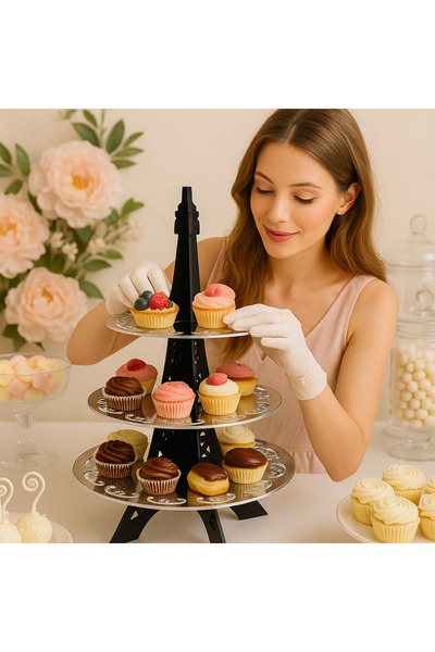 OEM 3-tier cake and cupcake stand, removable, glossy black/silver plexiglass ...