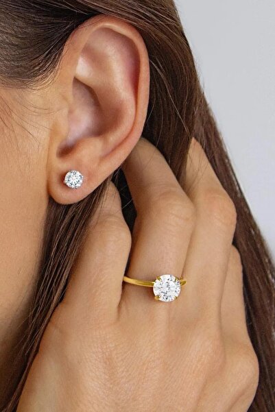 Crystal Diamond Zirconia Işıklı Kutuda 1 Carat Tektaş Yüzük Ve Küpe