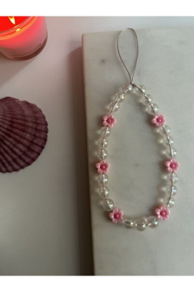 Leorat Store Pembe Çiçekli Janjan Şeffaf Boncuklu Telefon charmı Telefon ipi ...