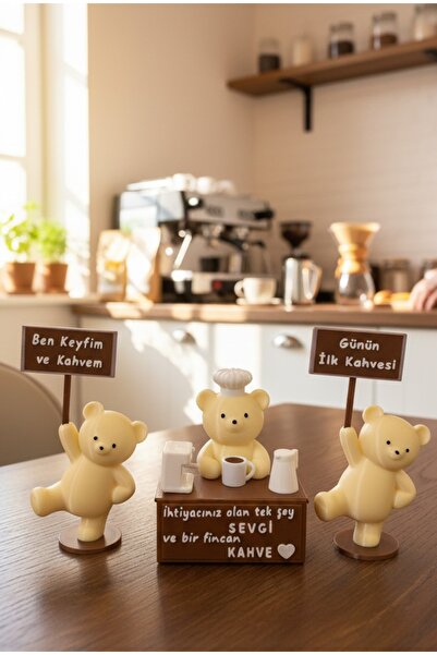 4 Family Barista Ayıcık Ve Tabelalı Kahve Dostları 3’lü Set - Şef Şapkalı Dek...
