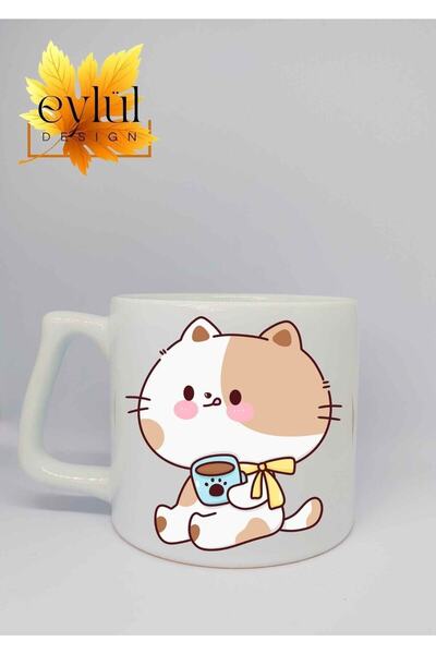Eylül Design Cat Drinking Coffee Printed Luxury Ceramic Mug Cup Gift Tea-Coff...