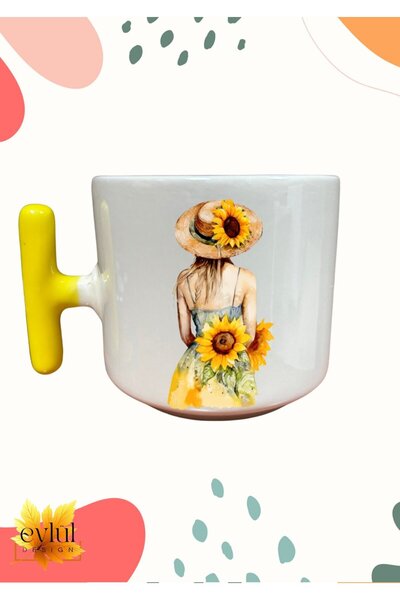 Eylül Design Sarı Renk Saplı Ayçiçekler ve Kız Krem Renk T Saplı Özel Tasarım...