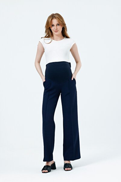 KATLİN MATERNİTY WEAR Hamile Geniş Paça Beli Ayarlanabilir Lacivert Kumaş Pan...