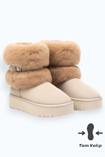 Noliva Kadın Bej Süet Içi Kürklü Yüksek Kalın Taban Kışlık Bot