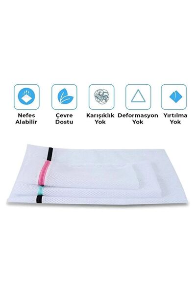HERA CONCEPT 3 ADET Renkli Fermuarlı, Dayanıklı Farklı Boy Çamaşır Yıkama Çantası Seti