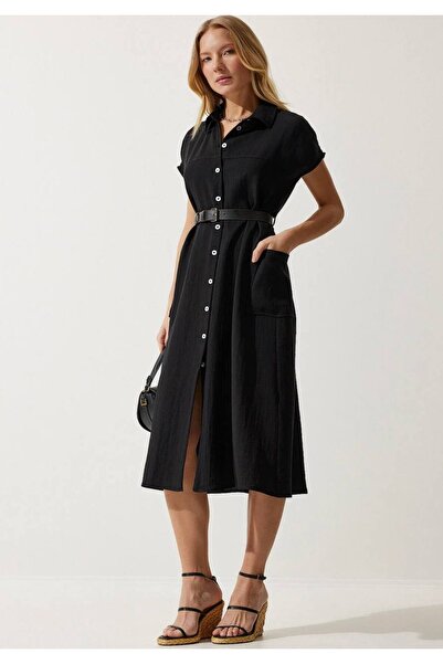 ribana فستان كتان متوسط الطول - جيب وحزام