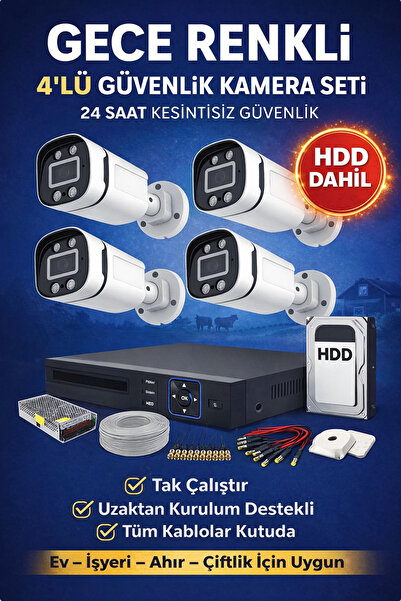 mezay 4’lü Gece Renkli Güvenlik Kamera Seti 5MP Full HD – HDD Dahil Hazır Pak...