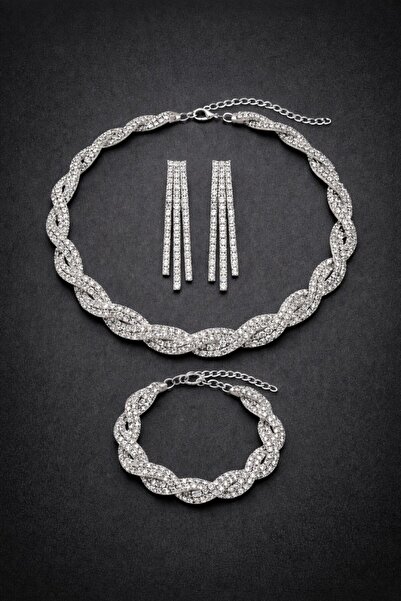 POEM JEWELLERY Gümüş Kaplama Zirkon Taşlı Örgü Kolye Bileklik Küpe Seti Rodyu...