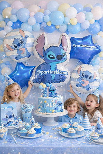 PARTİ AŞKI Mavi Renk Stitch 5'li Folyo Balon Seti & Erkek&Kız Çocuk Stitch Ko...
