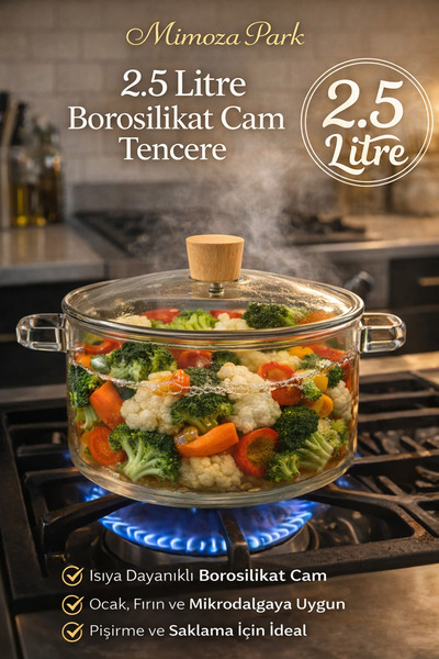 MİMOZA PARK وعاء زجاجي من البوروسيليكات سعة 2.5 لتر مقاوم للحرارة مع غطاء شفا...