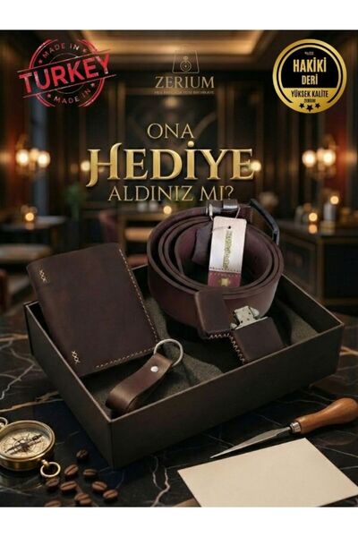 ZERİUM Set cadou pentru bărbați din piele naturală - Portofel, curea, brichet...