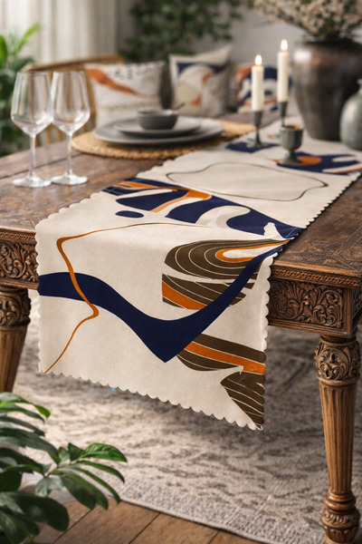 SasoHome Geometrik Lacivert Sürrealist Modern Şekiller Desenli Dijital Baskıl...