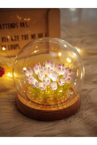 ENMA STORE Fanus İçinde Lale Bahçesi Tasarımlı Ledli Masa ve Gece Lambası