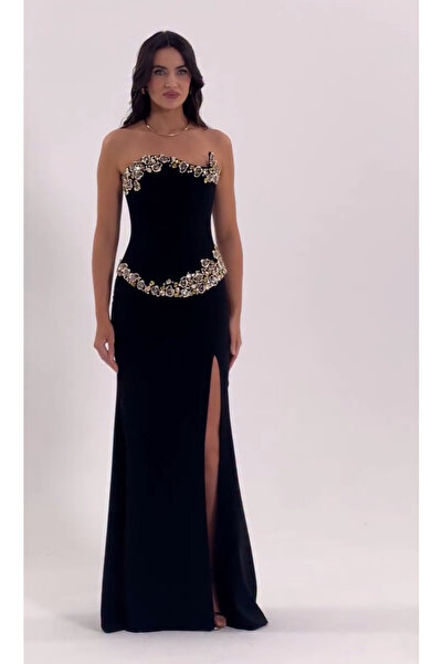 ALFABETA Black Crepe two-piece evening dress with luxurious gold details