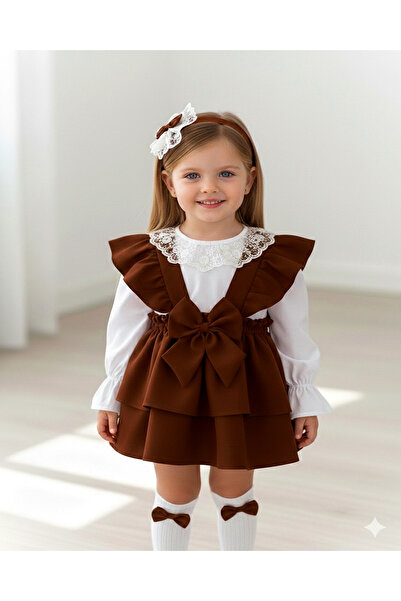 BİYA BABY Kız Çocuk Ve Bebek Kahve Askılı Kat Kat Etek Salopet Jile Gömlek Ba...