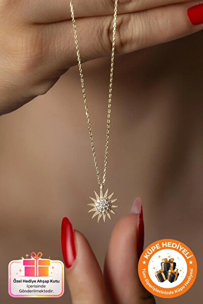 Lucente Jewellery 925 Ayar Güneş Kolye Gold Gümüş Kaplama Özel Taşlı Hediyeli...
