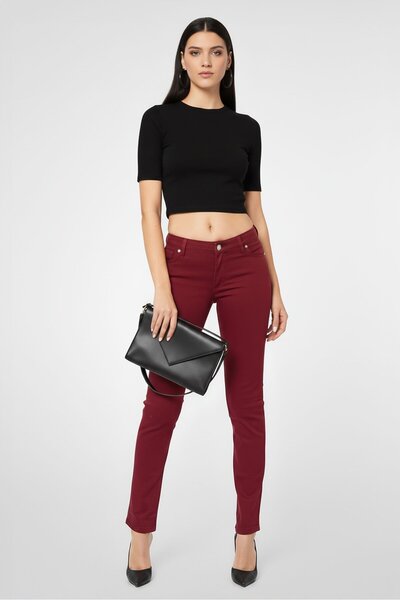 Lacoste Women Slim Fit Solid Stretchable Denim Jeans, Maroon