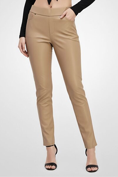 Gloria Vanderbilt Women Regular Fit Plain Leather Pants, Beige