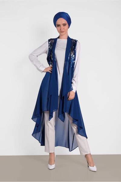 TRENDTESETTÜR KADIN LACİVERT (SAKS-KREM) PUL PAYETLİ YELEK T 4283