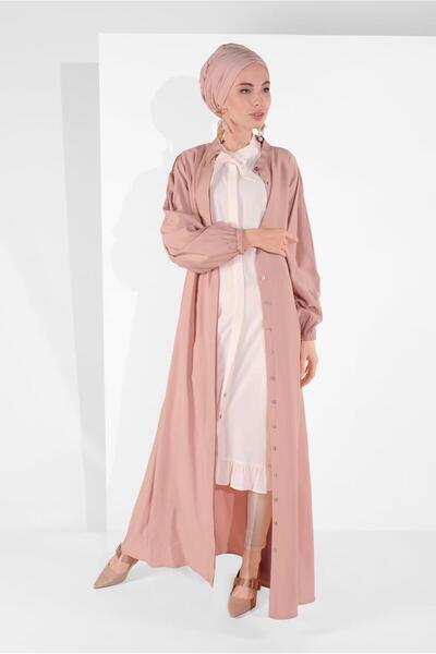 TRENDTESETTÜR فستان نسائي بودرة بياقة مدببة وأزرار وحزام فيرات 01206