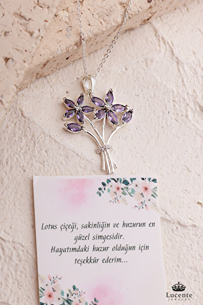 Lucente Jewellery 925 Ayar Küpe Hediyeli Mor Taşlı Lotus Kamelya Çiçeği Buketi Kararma Karşıtı Rodyum Güçlendirmeli Gümüş Özel Gün Hediyesi 45 Cm Zincirli Aşk Sevgi Dostluk Simgesi Markiz Kesim Taşlı Çiçek Buketi Kolye