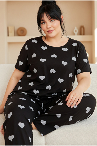 Siyah İnci Černo-bílý potisk srdce Velká velikost Oversized bikerský výstřih ...