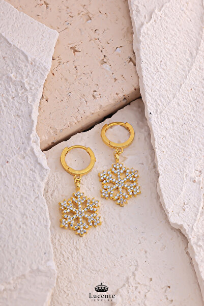 Lucente Jewellery 925 Ayar Gold Taşlı Kar Tanesi Kararma Karşıtı Rodyum Güçlendirmeli Gümüş Sevgiliye Eşe Kız Arkadaşa Anneye Doğum Günü Yılbaşı Hediyesi Kartanesi Şık & Zarif 1 Çift Sallantılı Halka Küpe