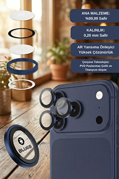 BLUEO Sapphire iPhone 17 Pro/ 17 Pro Max Uyumlu 9 MOhs %99.99 Safir Blue Tita...