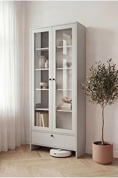 BBF Furniture Sis Gri Cam Kapaklı Modern Kitaplık ve Vitrin Dolap – Çekmeceli...