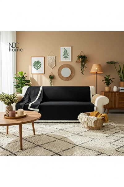 NDC HOME غطاء أريكة فاخر من الكتان الأسود - صدفي، 170x220