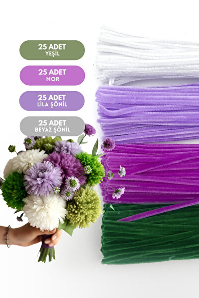 Bimotif 100lü tüylü tel şönil, 30 cm (25er adet Yeşil, Mor, Lila, Beyaz Şönil...